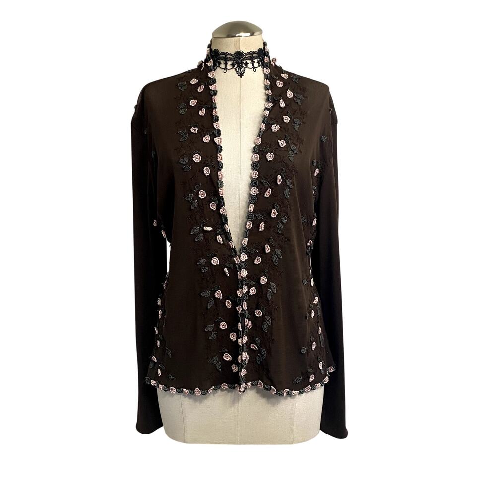 Y2K Embroidered Rose Floral Vine Brown Cottage Fairy Core Coquette Cardigan XL